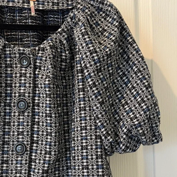 Free People Kiko Top Black Blue Printed Button Front Puff Sleeve Blouse Size M - Picture 8 of 9